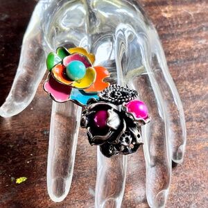 Two Fun Funky Big Chunky Floral Rings - Colorful Ring - Flower Ring - Pearl Ring
